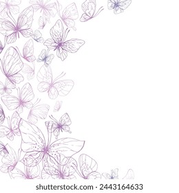 Butterflies are pink, blue, lilac, flying, delicate line art. Graphic illustration hand drawn in pink, lilac ink. Frame, template EPS vector.