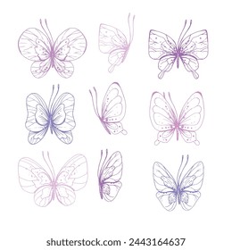 Butterflies are pink, blue, lilac, flying, delicate line art, clip art. Graphic illustration hand drawn in pink, lilac ink. Set of isolated objects EPS vector. svg