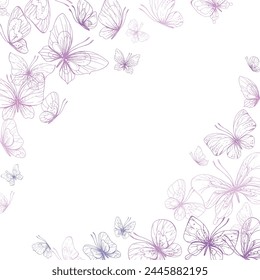 Butterflies are pink, blue, lilac, flying, delicate line art. Graphic illustration hand drawn in pink, lilac ink. Square frame, template EPS vector.