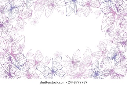 Butterflies are pink, blue, lilac, flying, delicate line art. Graphic illustration hand drawn in pink, lilac ink. Square frame, template EPS vector