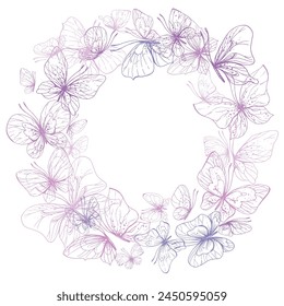 Butterflies are pink, blue, lilac, flying, delicate line art. Graphic illustration hand drawn in pink, lilac ink. Circle frame, template EPS vector.