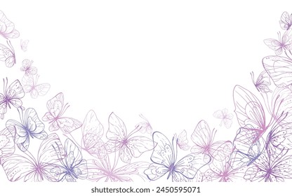 Butterflies are pink, blue, lilac, flying, delicate line art. Graphic illustration hand drawn in pink, lilac ink. Square frame, template EPS vector