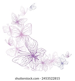 Butterflies are pink, blue, lilac, flying, delicate line art. Graphic illustration hand drawn in pink, lilac ink. Circle frame, template EPS vector.