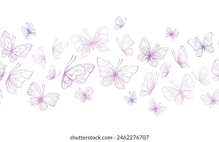 Las mariposas son rosas, azules, lilas, voladoras, arte de líneas delicadas, arte de Clip. ilustración gráfica dibujada a mano en rosa, tinta lila. Patrón de placa sin costura Vector EPS