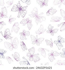 Butterflies are pink, blue, lilac, flying, delicate line art, clip art. Graphic illustration hand drawn in pink, lilac ink. Seamless pattern EPS vector.