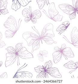 Butterflies are pink, blue, lilac, flying, delicate line art, clip art. Graphic illustration hand drawn in pink, lilac ink. Seamless pattern EPS vector