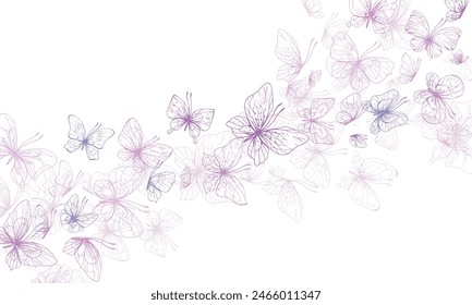 Butterflies are pink, blue, lilac, flying, delicate line art. Graphic illustration hand drawn in pink, lilac ink. Composition stream, template EPS vector