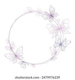 Butterflies are pink, blue, lilac, flying, delicate line art. Graphic illustration hand drawn in pink, lilac ink. circle frame, template EPS vector