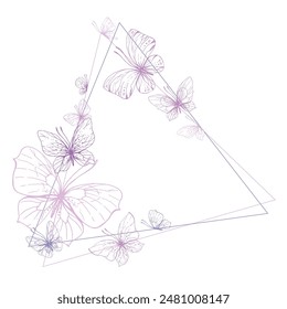 Butterflies are pink, blue, lilac, flying, delicate line art. Graphic illustration hand drawn in pink, lilac ink. triangle frame, template EPS vector