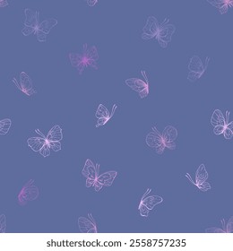 Butterflies are pink, blue, lilac, flying, delicate line art, clip art. Graphic illustration hand drawn in pink, lilac ink. Seamless pattern on a lilac background EPS vector.