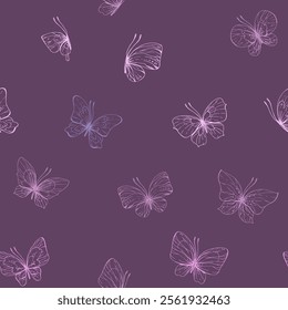 Butterflies are pink, blue, lilac, flying, delicate line art, clip art. Graphic illustration hand drawn in pink, lilac ink. Seamless pattern on a dark burgundy background EPS vector.