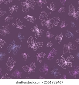 Butterflies are pink, blue, lilac, flying, delicate line art, clip art. Graphic illustration hand drawn in pink, lilac ink. Seamless pattern on a dark burgundy background EPS vector.
