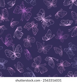 Butterflies are pink, blue, lilac, flying, delicate line art, clip art. Graphic illustration hand drawn in pink, lilac ink. Seamless pattern on a dark purple background EPS vector.