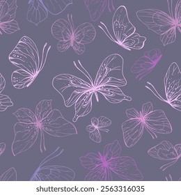 Butterflies are pink, blue, lilac, flying, delicate line art, clip art. Graphic illustration hand drawn in pink, lilac ink. Seamless pattern on a lilac background EPS vector.