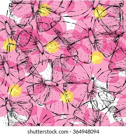 butterflies and pink flowers seamless pattern