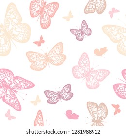 Butterflies in pink pastel colors seamless pattern