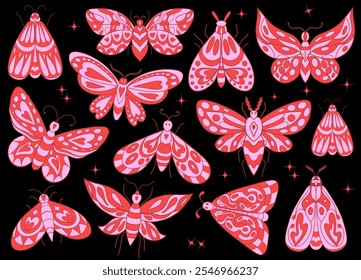 Butterflies pink and red vector set. cute moth butterfly. Collection of vintage elegant illustrations of butterflies. Monochrome Insect black winged gorgeous vector illustration