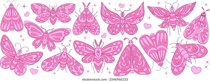 Butterflies pink vector set. cute moth butterfly. Collection of vintage elegant illustrations of butterflies. Monochrome Insect black winged gorgeous vector illustration