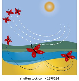 butterflies playing at the waterside illustrated vector