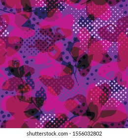 Butterflies and polka dots transparent seamless pattern. Watercolours butterflies in girlish violet and pink print.