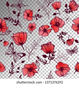 Butterflies and Poppies illustrations transparent vector background