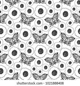 Butterflies and poppies seamless vector pattern. Black and white hand drawn background.