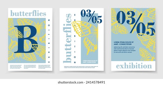 Butterflies posters set. Minimalistic golden linear sketch. Insect with wings. Beauty, elegance and aesthetics. Cover or banner. Cartoon flat vector collection isolated on white background