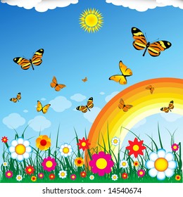 Butterflies, rainbow, sun, flowers, grass, clouds and blue sky