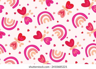 mariposas con arcos y corazones en una paleta de colores de rojo, crema y rosa sobre fondo blanco roto formando un patrón vectorial sin fisuras. Ideal para la decoración, tela, papel pintado, giftwrap, papelería