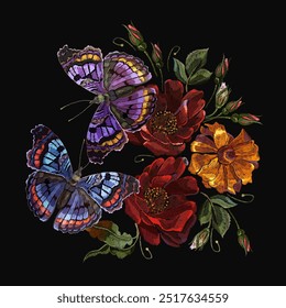 Butterflies, red roses and yellow calendula flowers. Spring garden art. Classical embroidery. Template fashionable clothes, t-shirt design