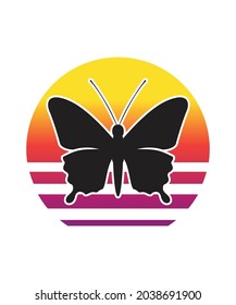 Butterflies Retro Sunset Design template. Vector design template for logo, badges, t-shirt, POD and book cover. Isolated white background.