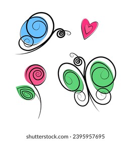 Butterflies, rose and heart. Stylized set of decorative element with spots in trendy marker shades