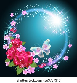 Butterflies and roses with glowing firework and sparkle stars