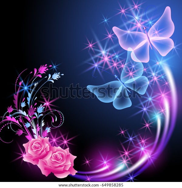 Butterflies Roses Glowing Firework Sparkle Stars Stock Vector (Royalty