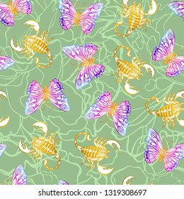 Butterflies and scorpions. Vector seamless pattern. Insects. Ornament for printing on fabric, textile. Design covers, bed linen. Wallpaper or wrapping paper.
