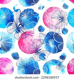 Butterflies seamless background and watercolor circles. Vector illustration