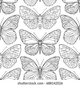 Butterflies. Seamless pattern, background. Outline hand drawing 