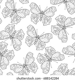 Butterflies. Seamless pattern, background. Outline hand drawing 