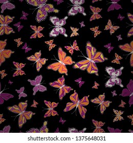 Butterflies seamless pattern in black, purple and orange colors. Cute Vector illustration. Perfect for web page backgrounds, wallpapers, textile, surface textures.