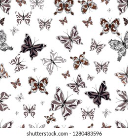 Butterflies seamless pattern in brown, black and white colors. Cute Vector illustration. Perfect for web page backgrounds, wallpapers, textile, surface textures.