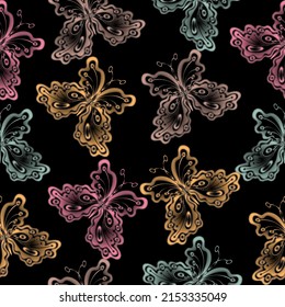 Butterflies seamless pattern. Colorful butterflies on black background. Vector. Print of luna astrology moth pattern. 