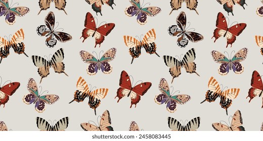 Butterflies seamless pattern. Colorful butterflies on a beige background.