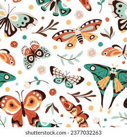 Mariposas, diseño de patrones sin fisuras. Naturaleza de verano, fondo interminable, impresión repetida. Hermosas polillas volando, flores, plantas de hojas, textura imprimible para tela, textil. Ilustración vectorial plana