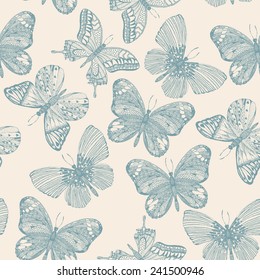 Butterflies seamless pattern in doodle style. Butterfly vector illustration for vintage design. 