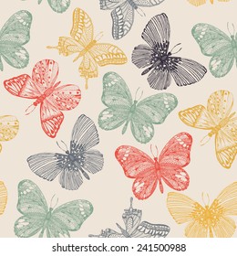 Butterflies seamless pattern in doodle style. Butterfly vector illustration for vintage design. 