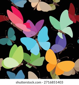 Mariposas sin patrón. Mariposas voladoras sobre fondo negro Ilustración vectorial