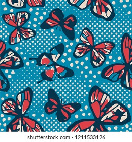 Butterflies seamless pattern for girls with colorful dots. Girlish print with bright butterfly