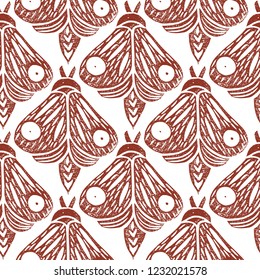 Butterflies. Seamless pattern. Linocut handmade vector illustration. Rust color. Isolated on white