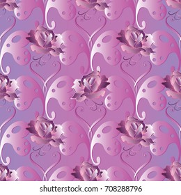 Butterflies seamless pattern. Love heart background. Roses wallpaper. Floral vintage ornament with 3d paisley flowers, pink violet 3d roses, abstract butterflies. Vector repeat rich ornamental texture