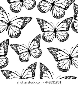 Butterflies seamless pattern, monochrome, coloring book, black and white illustration in boho style, hippie, bohemian. Black and white butterfly wings on a white background. Exotic Insect. Textile